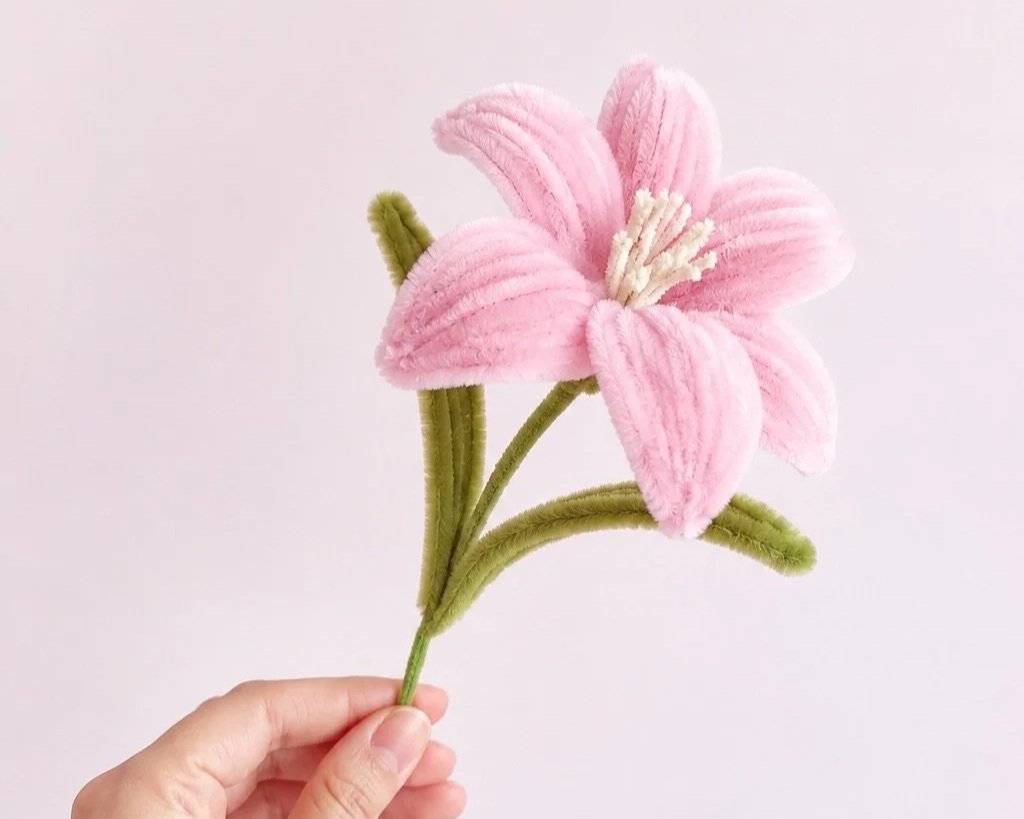Eine Hand hält eine pinke, plüschige Blume