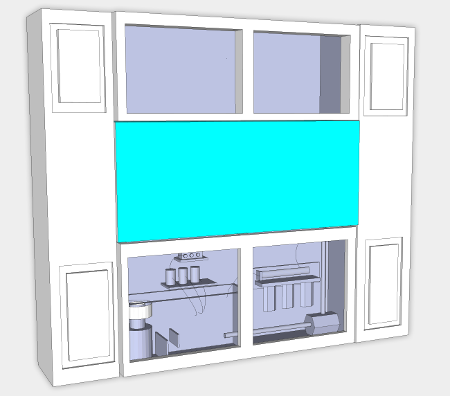 An image with a conceptualized design of an aquarium turned inward slightly.  This design is a 3D concept of what the aquarium will look like.