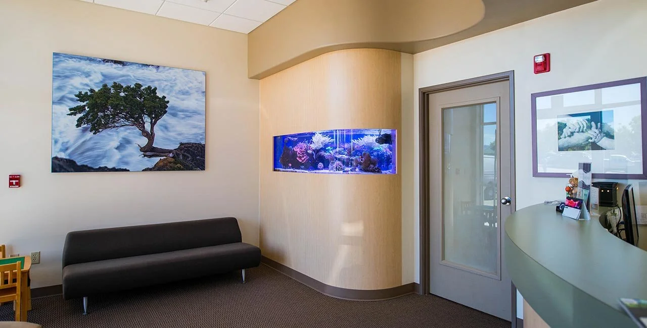 A waiting room with a sofa, wall art featuring a tree, a built-in aquarium, and a reception desk.