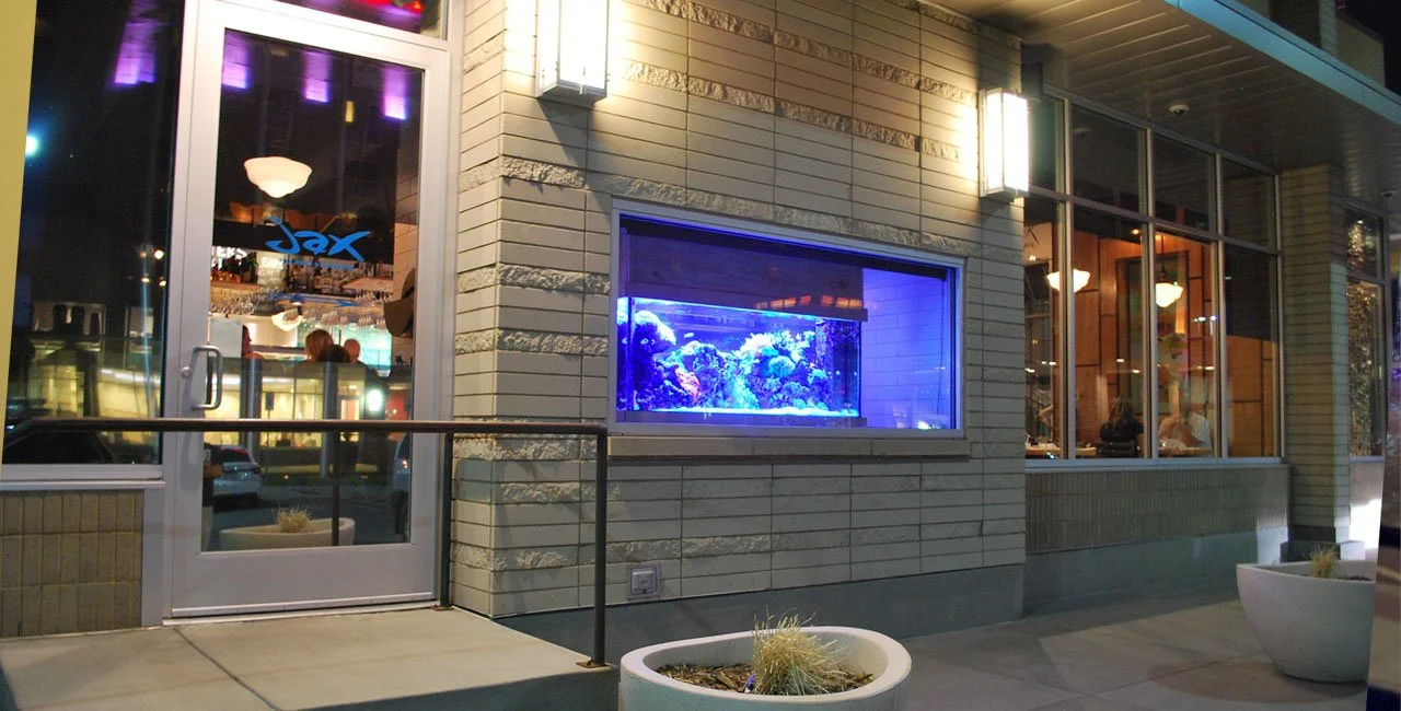 Exterior of a restaurant with a large glass window showing indoor seating and a fish tank with coral, illuminated at night.