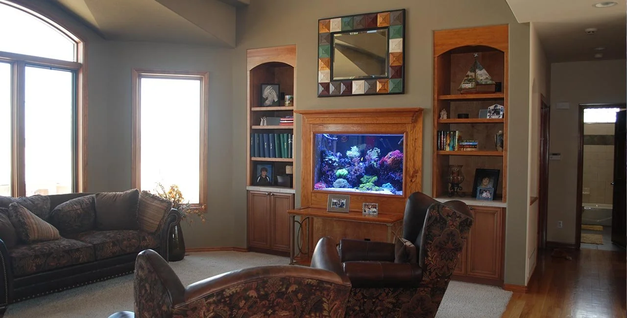 Living room with a large window, a sectional sofa, a built-in fireplace with a fish tank, and built-in shelving with books and decorative items.
