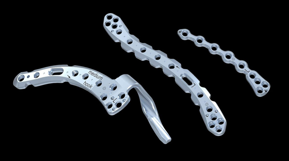 Three metallic orthopedic surgical plates with multiple screw holes, used for bone fixation, set against a black background.