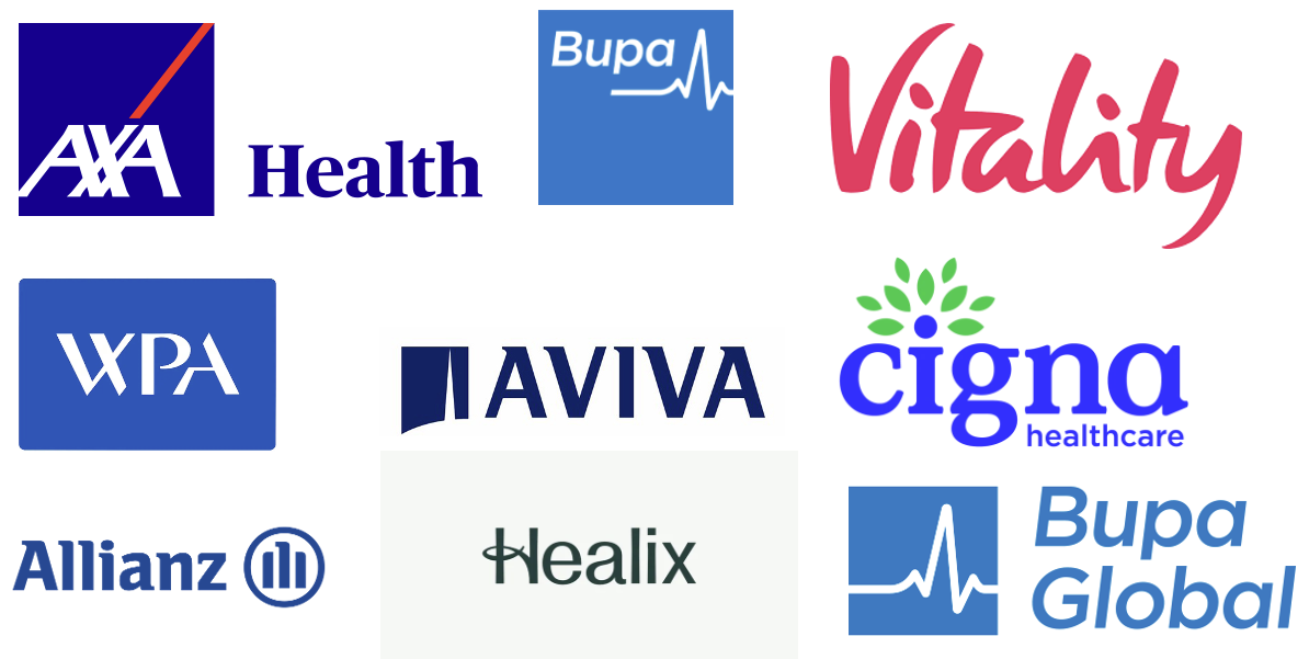 Collection of healthcare company logos including AXA Health, Bupa, Vitality, WPA, ΠΑΠΠΑ, Cigna Healthcare, Allianz, Healix, and Bupa Global.