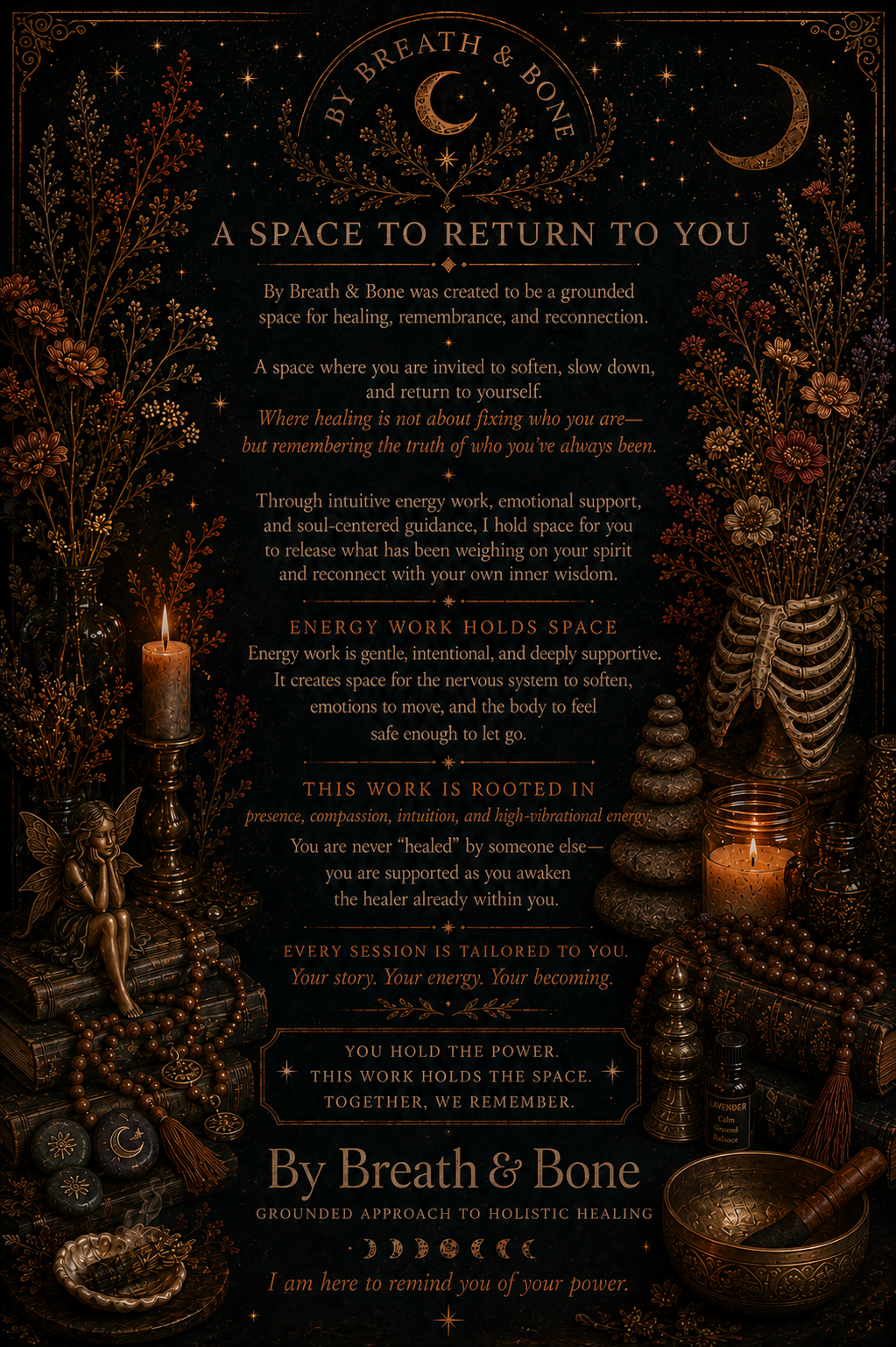 Decorative infographic with mystical and healing themes, featuring candles, crystals, stones, moon phases, and spiritual symbols, promoting holistic healing and energy work.