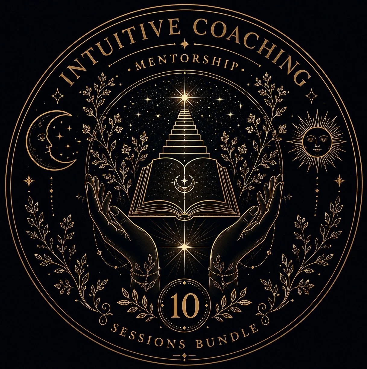 Gold-colored illustration featuring hands holding an open book with a glowing star above it, surrounded by celestial symbols including the moon, sun, and stars, and framed by vines and decorative lines. Text reads 'Intuitive Coaching Mentorship' at the top and '10 Sessions Bundle' at the bottom.
