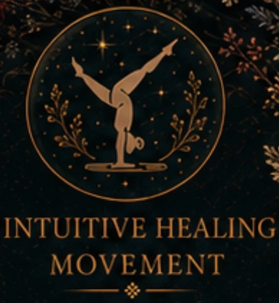 A logo featuring a person performing a handstand in the center, with one leg extended upward and the other downward, surrounded by gold star-like sparkles and floral designs. The text below reads 'Intuitive Healing Movement' in gold letters.