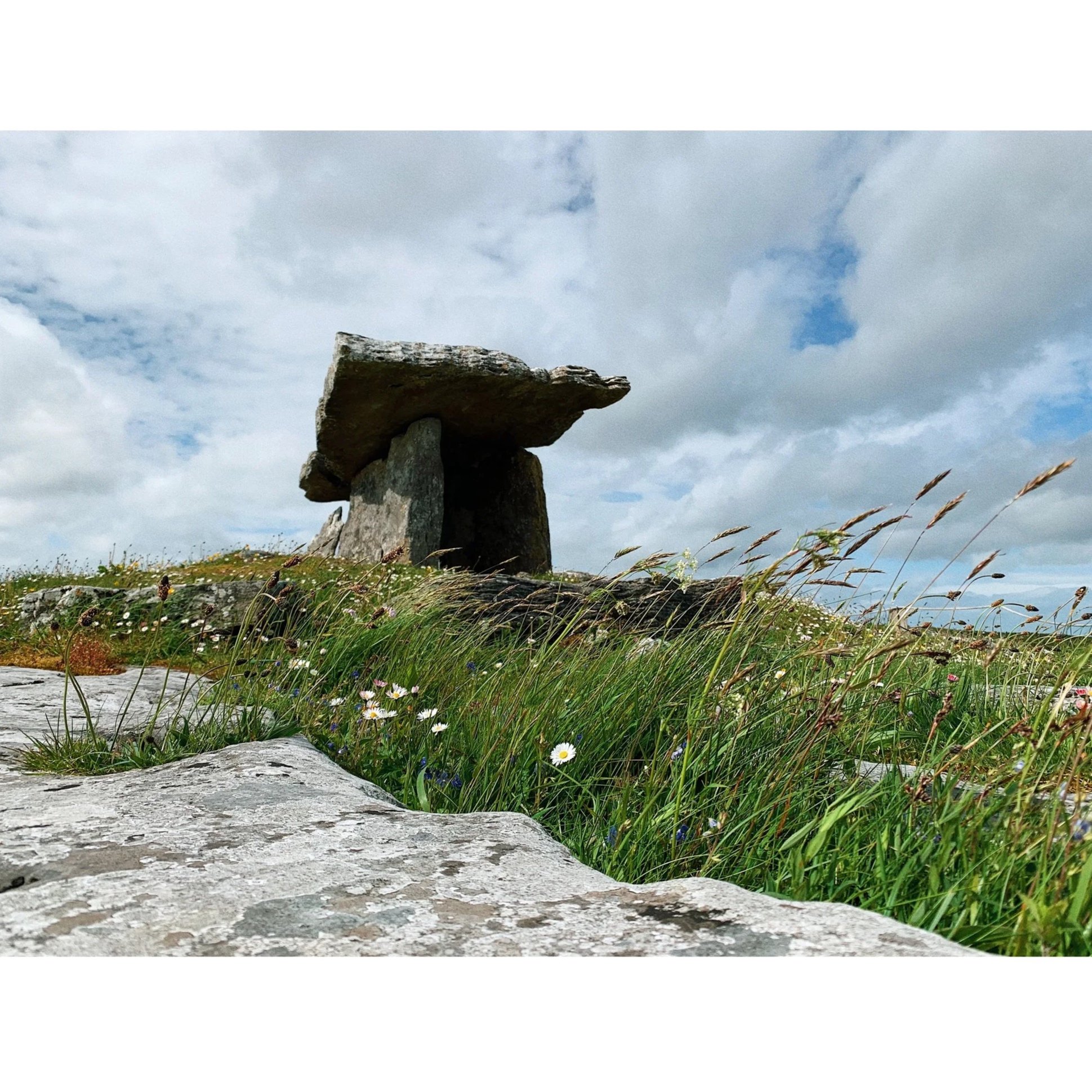 Large flat rock in foreground, grassy field with small white and purple flowers, and a stone structure in the background under a cloudy sky.