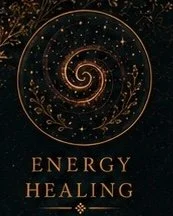 A dark background with a glowing golden spiral surrounded by small stars, leaves, and decorative elements, with the words 'Energy Healing' at the bottom.