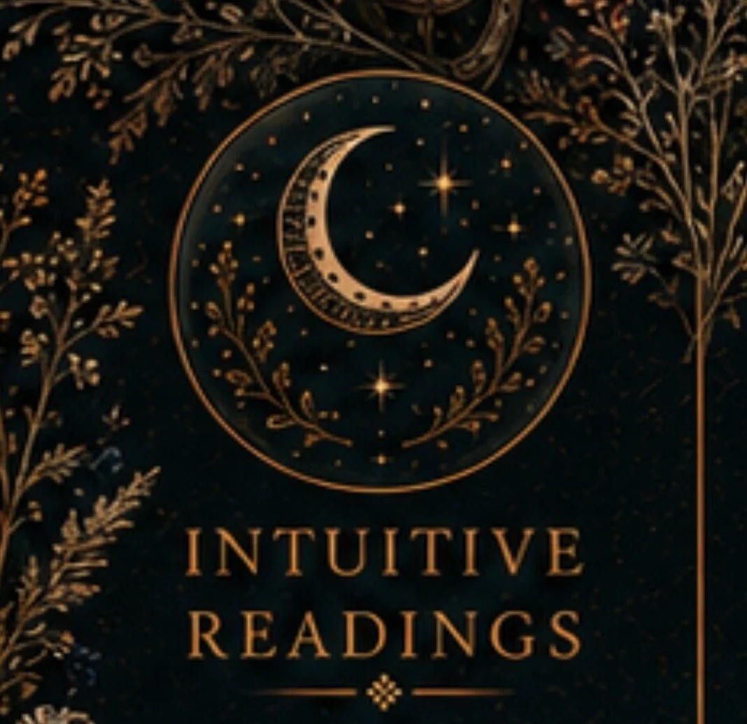 Decorative cover with a gold crescent moon, stars, and floral motifs, containing the text 'Intuitive Readings'.