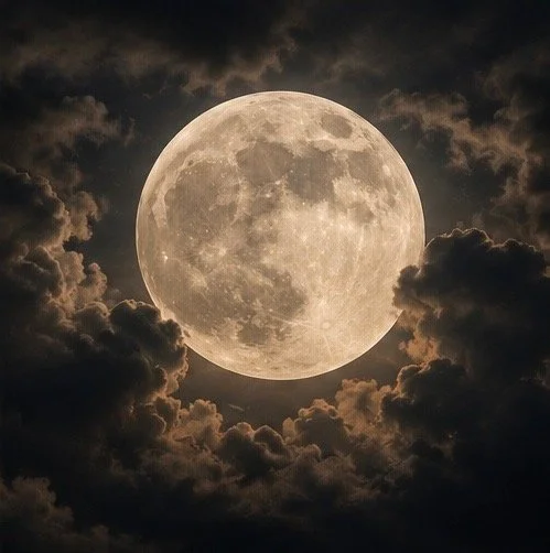 Full moon in a cloudy night sky.