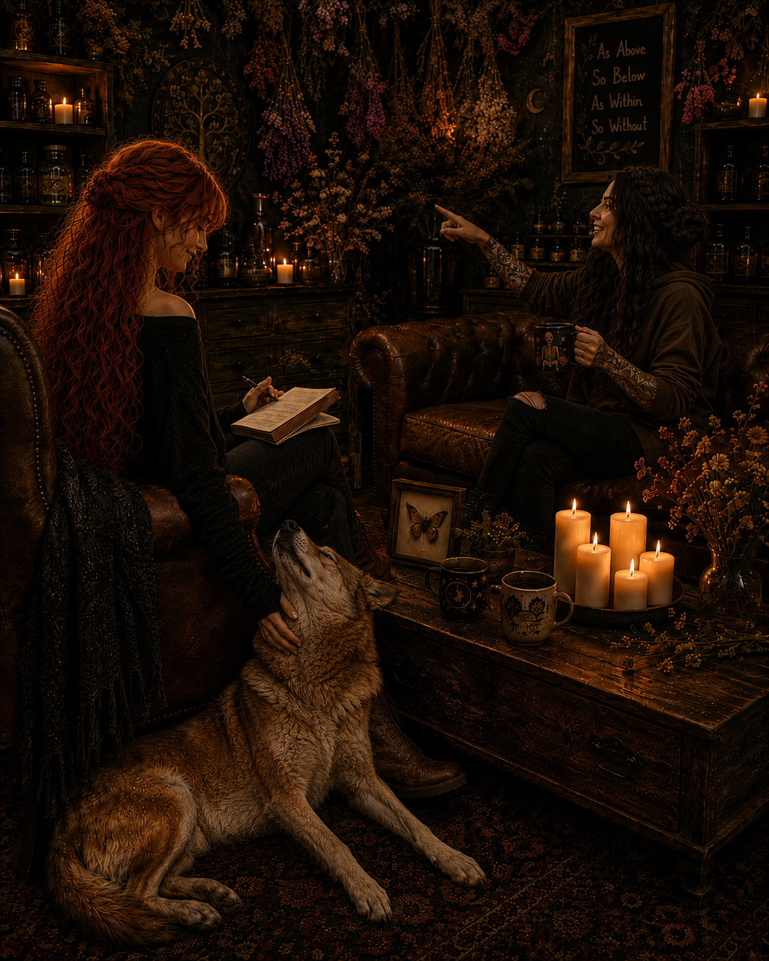 Two women sitting in a dimly lit, cozy room with candles and decorative jars, one reading a book and the other smiling and pointing, with a dog lying on the floor next to her, surrounded by plants and artwork.