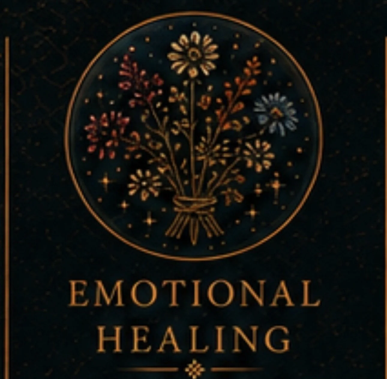 A dark background with a circular gold illustration of a bouquet of flowers inside a gold circle, surrounded by small sparkles. Below the illustration, the text reads "Emotional Healing" in gold letters.