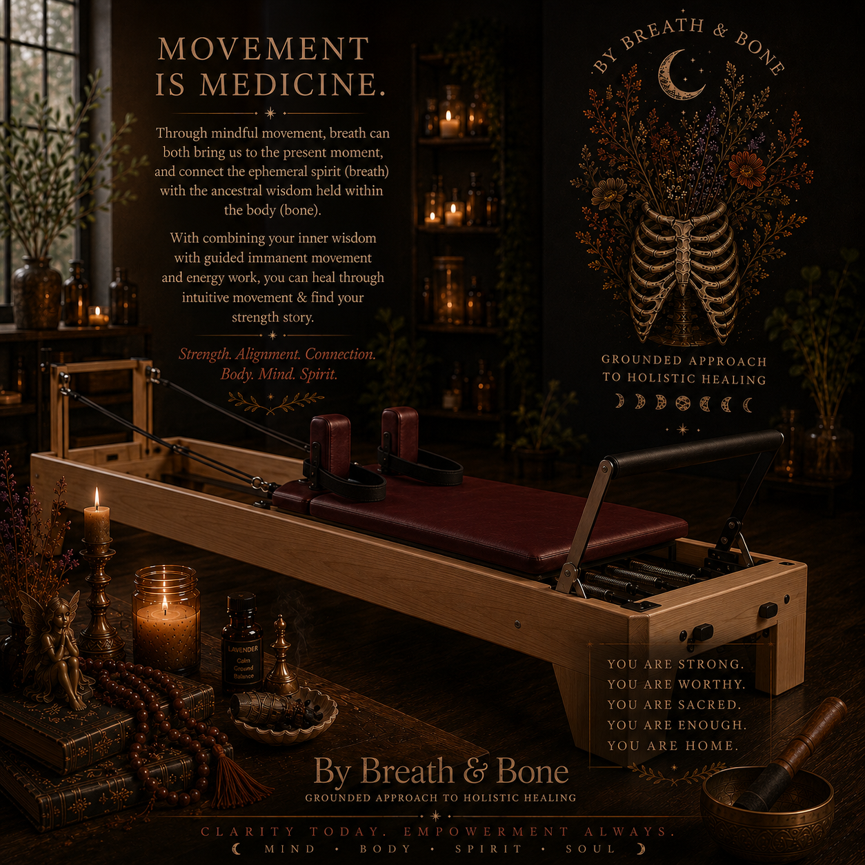 A wellness space with a wooden Pilates reformer machine, candles, incense, and decorative objects on a dark wooden table. The background features a wall with inspirational text about movement, breath, and holistic healing, including phrases like "Movement is Medicine" and "Grounded approach to holistic healing". The atmosphere is warm and calming, with plants and soft lighting.