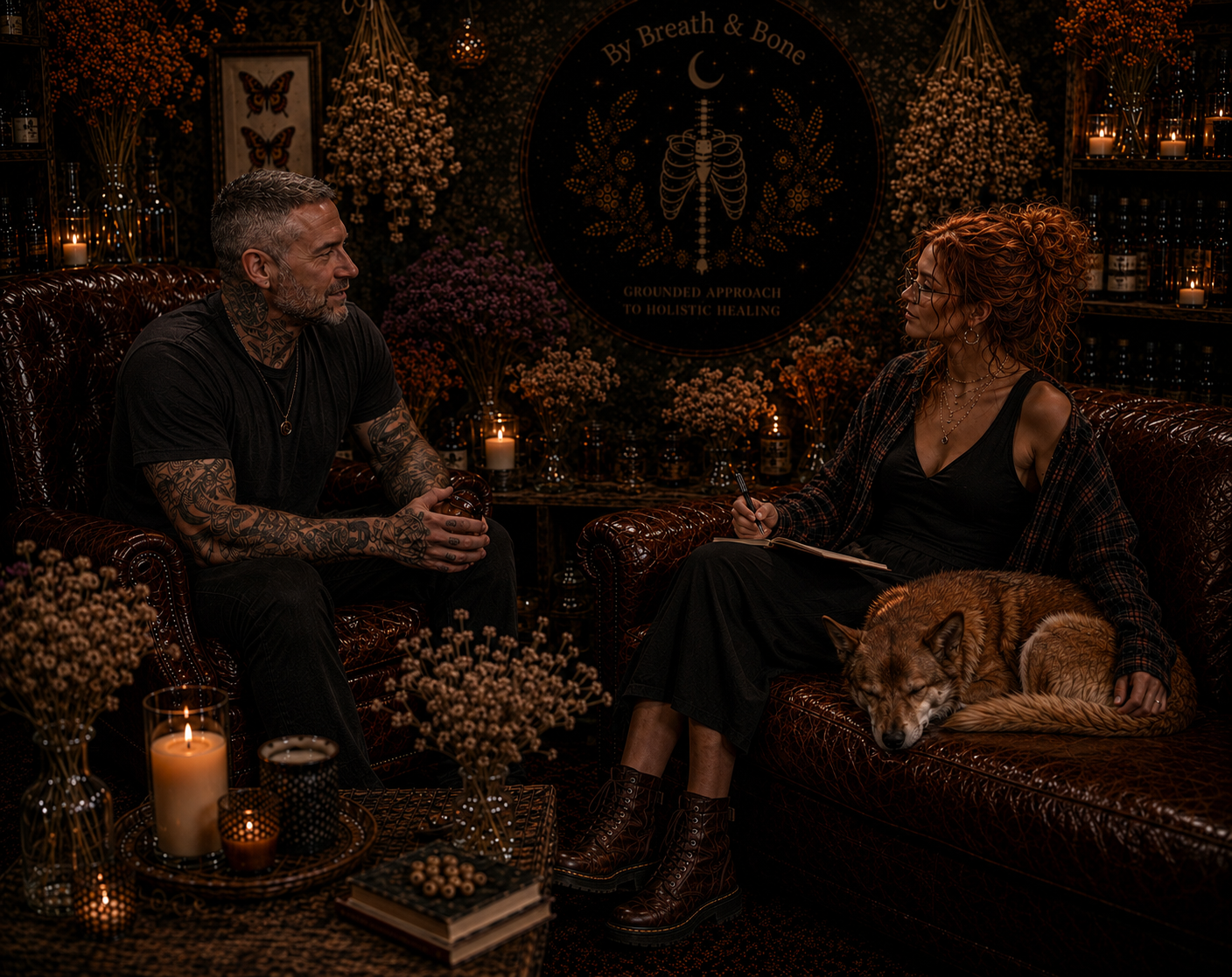 A man and woman sit on vintage leather sofas in a dimly lit room decorated with candles, dried flowers, and artwork, engaged in a conversation. The woman has curly red hair, wears glasses, and takes notes, with a dog sleeping on her lap. The backdrop features a sign that reads 'By Breath & Bone' and 'Grounded Approach to Holistic Healing.'