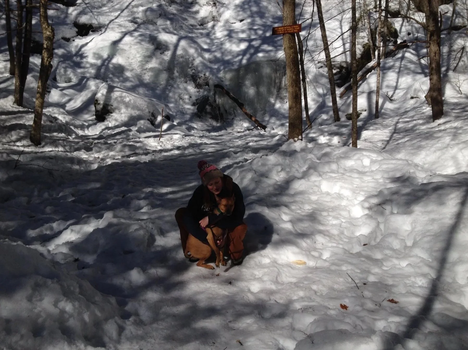 A woman crouching in the snow with a brown dog in her arms in a snowy wooded area, wearing a knit hat and winter clothing, with snow-covered trees and a small waterfall or ice formation in the background.