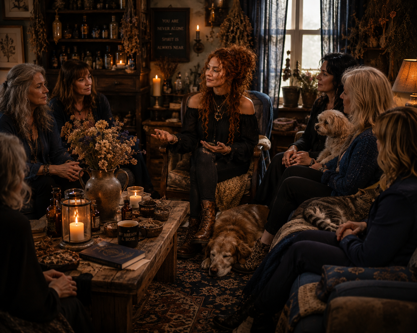 A group of women sitting in a cozy, warmly lit room decorated with candles, dried flowers, and rustic furniture. One woman with curly red hair appears to be leading a discussion. Two dogs are resting on the floor, and a sign on the wall reads "You are never alone, spirit is always near." The women are engaged and attentive, creating an intimate atmosphere.