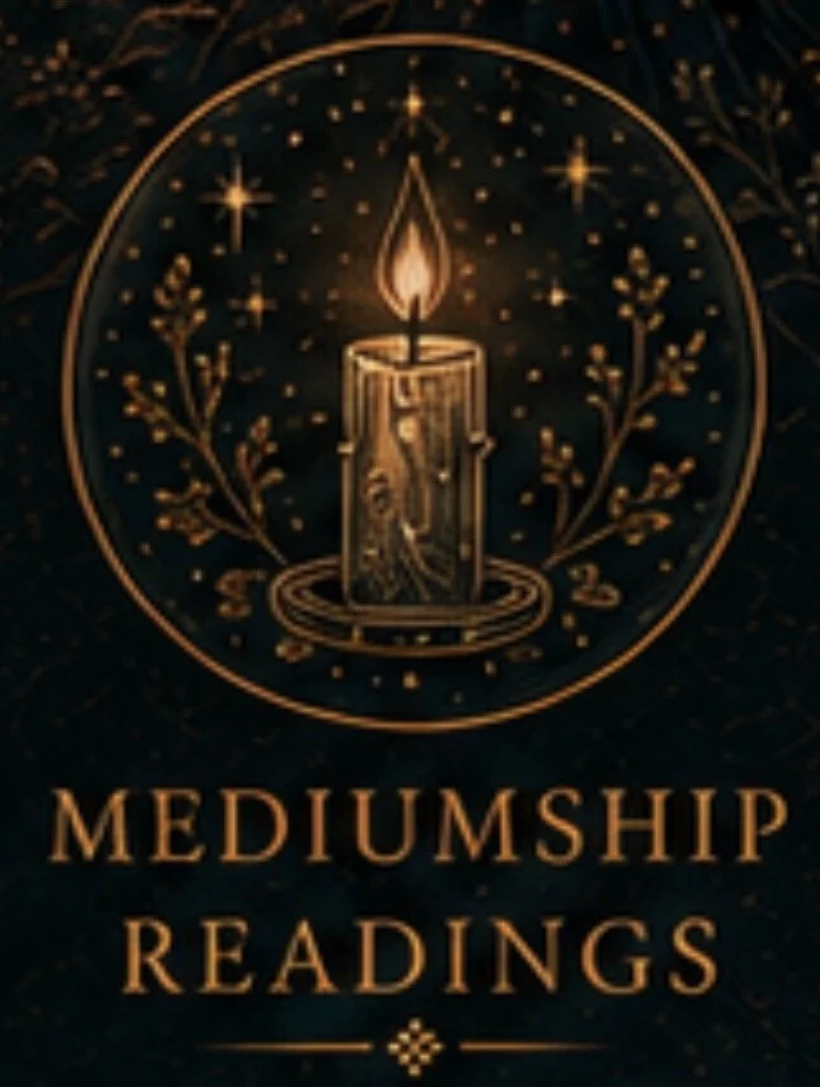 A promotional card for Mediumship Readings featuring a candle illustration surrounded by stars and foliage, with gold accents and lettering.