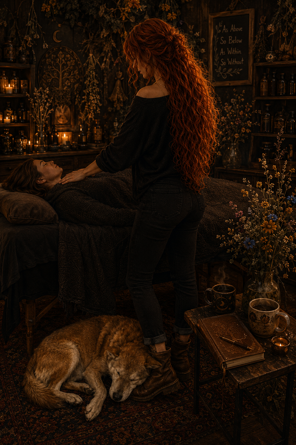 A woman with long curly red hair giving a Reiki or healing treatment to a person lying on a bed in a dimly lit, cozy room decorated with candles, flowers, and herbal jars. A sleeping dog is curled up at the woman's feet, and there are two mugs and a notebook on a small table nearby.