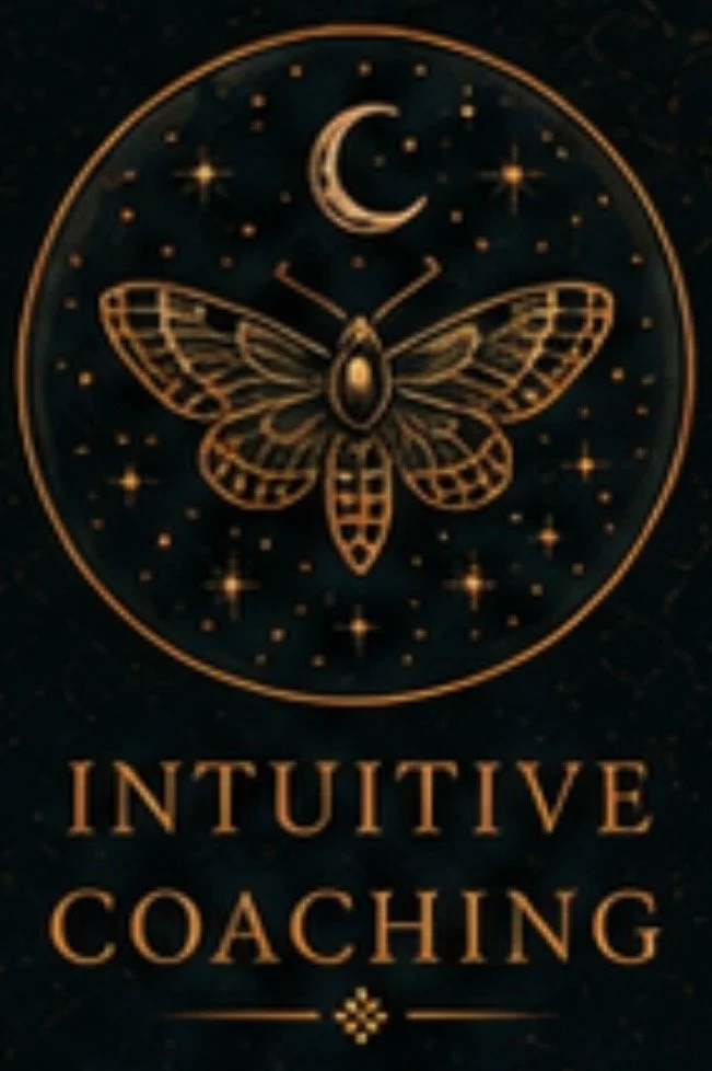 Design featuring a gold butterfly with celestial elements, moon, and stars, and the words "Intuitive Coaching" in gold on a dark background.