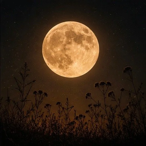 A full moon shining brightly in a dark night sky, with silhouetted plants in the foreground.