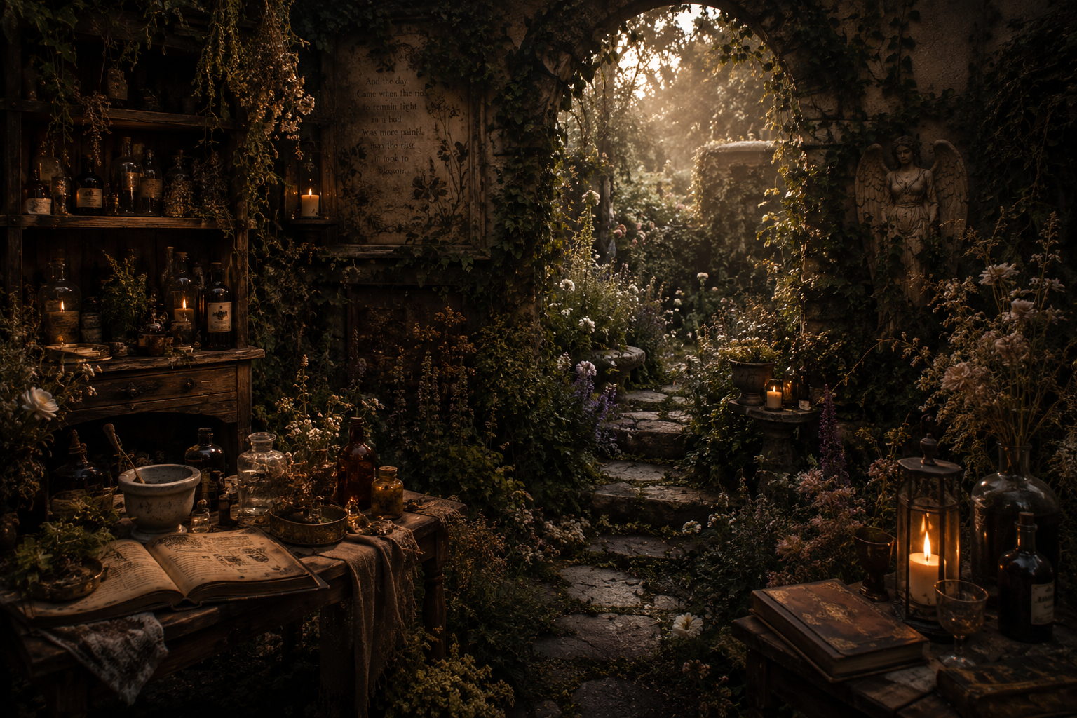 A lush, overgrown garden with stone steps leading through a shaded archway, illuminated by warm sunlight filtering through the trees. The scene features vintage bottles, candles, and antique books and decor, creating a mystical, enchanted atmosphere.