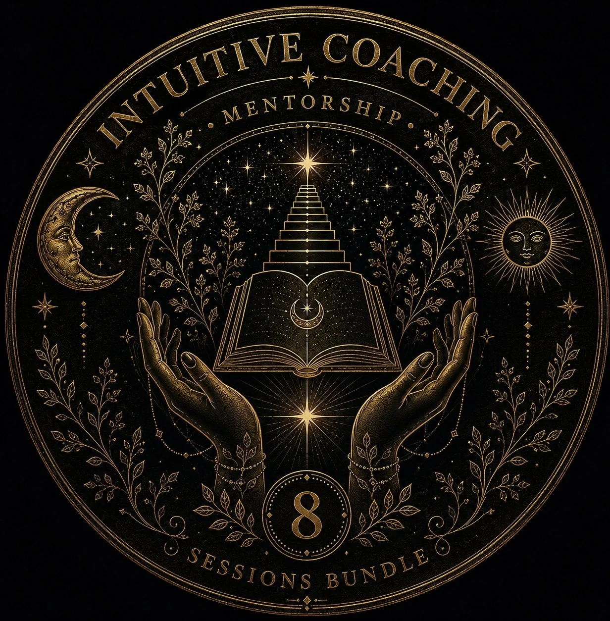 Gold artistic illustration featuring hands holding an open book with celestial symbols, a staircase of squares, and a shining star. Surrounding elements include a crescent moon with a face, a smiling sun, and decorative botanical motifs. The text reads 'Intuitive Coaching', 'Mentorship', and '8 Sessions Bundle'.