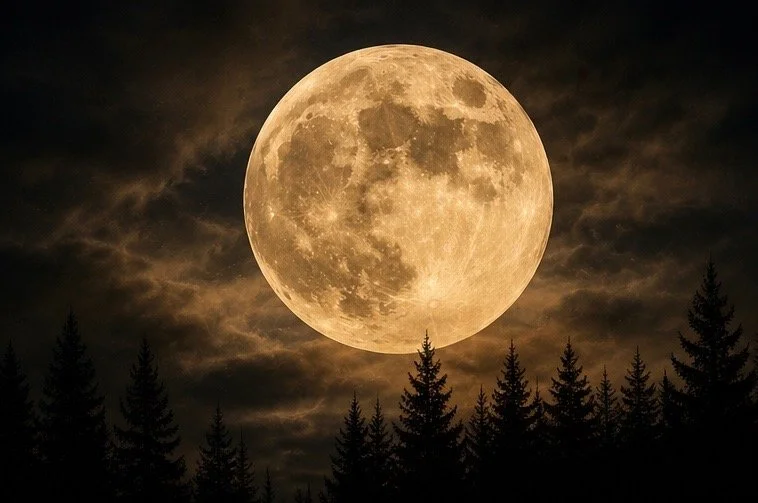 Full moon rising over a forest at night with partly cloudy sky.