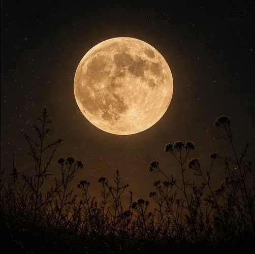 A large, bright full moon in the night sky with some stars visible, and silhouetted plants or trees in the foreground.