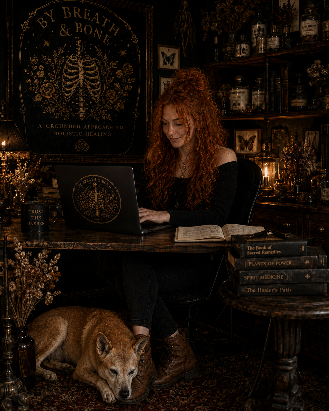 A woman with long curly red hair sitting at a dark wooden desk in a dimly lit room, working on a laptop labeled "By Breath & Bone." The room is decorated with botanical and anatomical art, candles, and glass jars. There is a black mug with the phrase "Trust the Unseen" on the desk, and a stack of books titled "The Book of Sacred Remedies," "Plants of Power," "Spirit Medicine," and "The Healer's Path." A dog with tan fur is lying at her feet, resting its head on her boots.