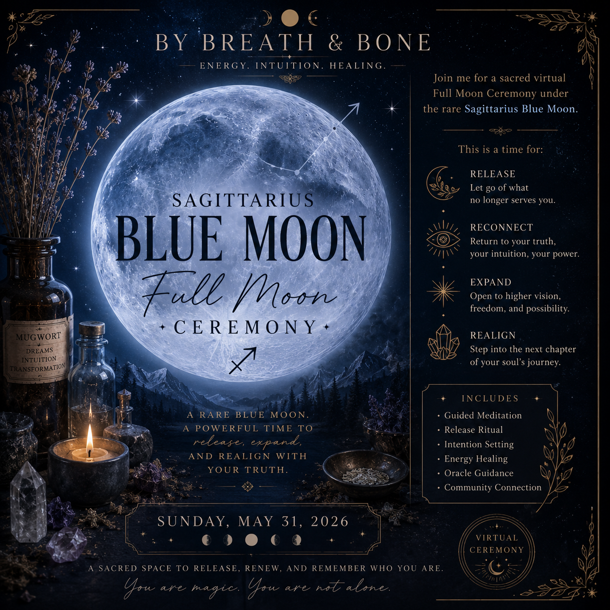 A digital poster for the Sagittarius Blue Moon Full Moon Ceremony featuring an illustrated large blue moon against a starry night sky, surrounded by mountains, trees, and celestial symbols. The poster includes event details, themes of release, reconnect, expand, and realign, and lists ceremony inclusions like meditation, ritual, and energy healing.