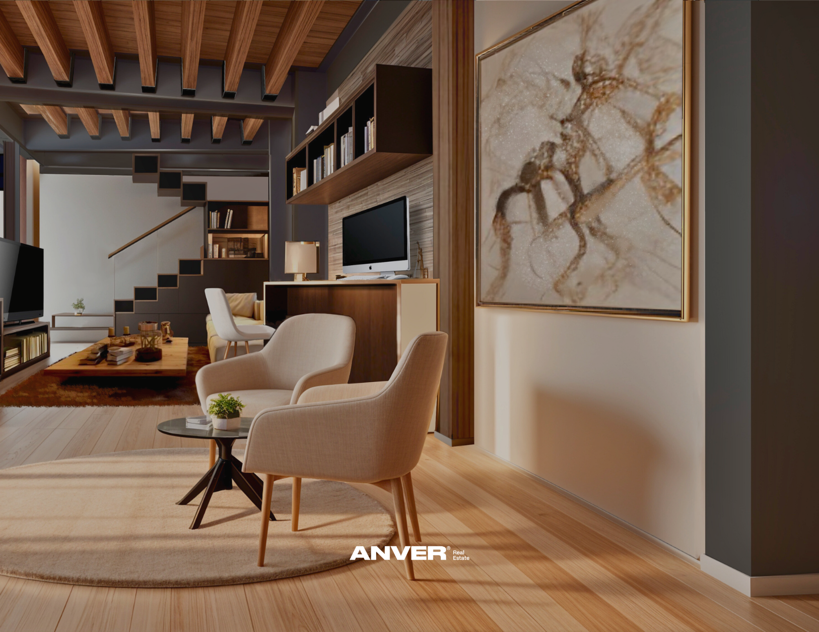 Sala de estar con sillones beige, mesa de café de madera, armario con televisor y estantería con libros, paredes decoradas con pintura moderna, con escaleras de madera en el fondo.