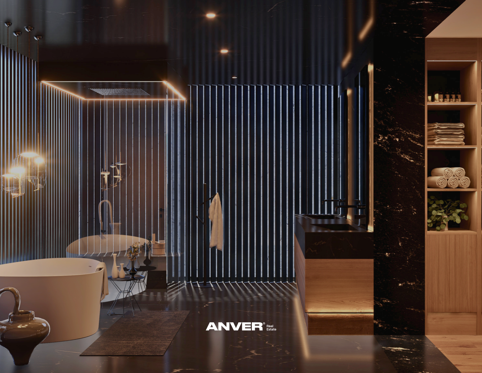 Interior moderno de una habitación con paredes negras y detalles de madera, una bañera blanca, una ducha, un lavabo doble negro con accesorios, estantes con toallas y artículos de aseo, y decoraciones elegantes en tonos neutros y dorados.