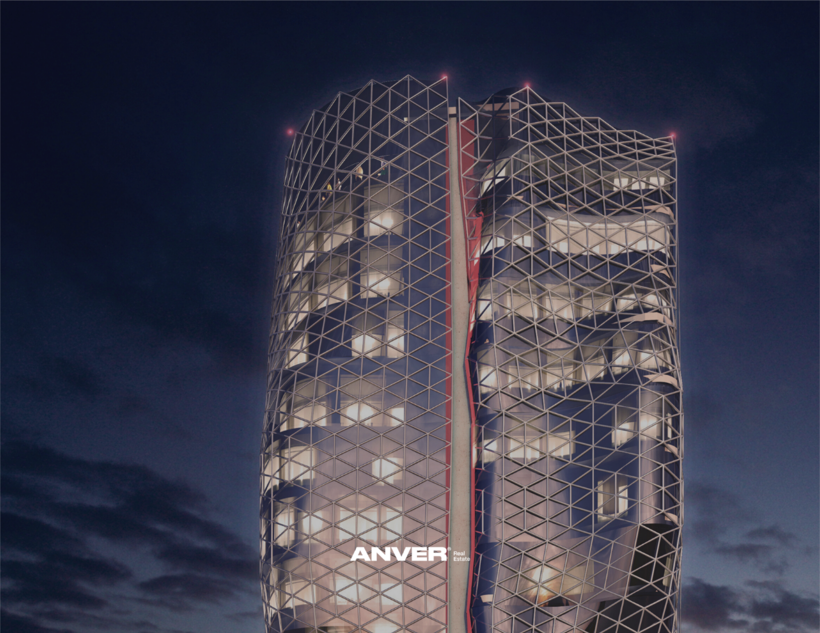 Edificio moderno con estructura de malla en forma de jaula, iluminado desde dentro, contra un cielo nocturno.