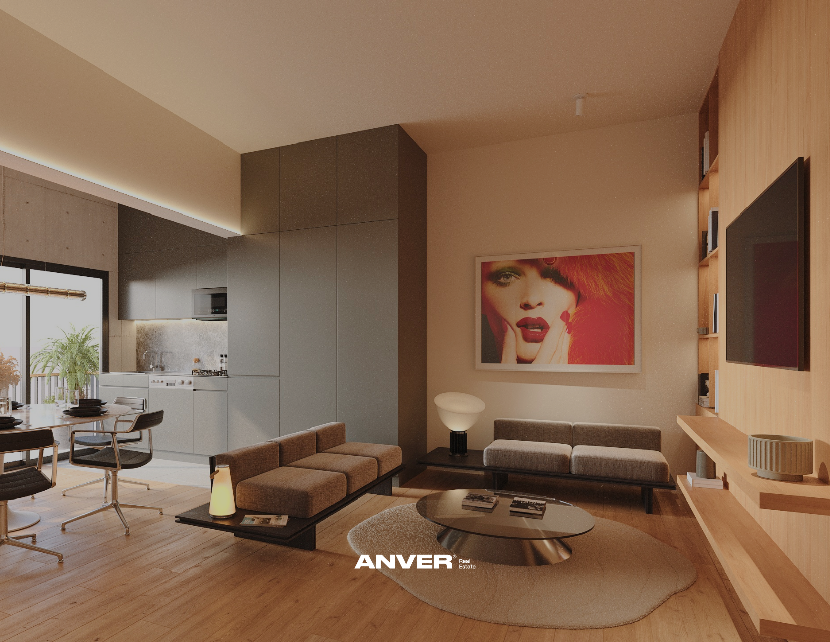 Imagen de una sala de estar moderna con paredes en tonos neutros, una pared de madera con estanterías, un cuadro en la pared con una mujer de cabello rojo y maquillaje llamativo, y un mobiliario elegante que incluye un sillón gris, mesa de centro y lámparas decorativas.