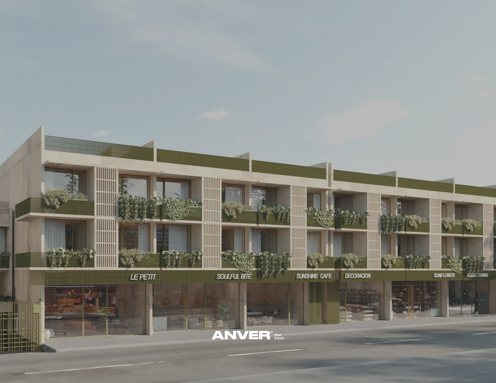 Edificio moderno de varias plantas con balcones verdes y plantas decorativas en la fachada, tiendas en la planta baja con signos que dicen 'Le Petit', 'Soulful Bite', 'Sunshine Cafe', 'Decoracion', 'Sunflower', y 'Music Charm'.