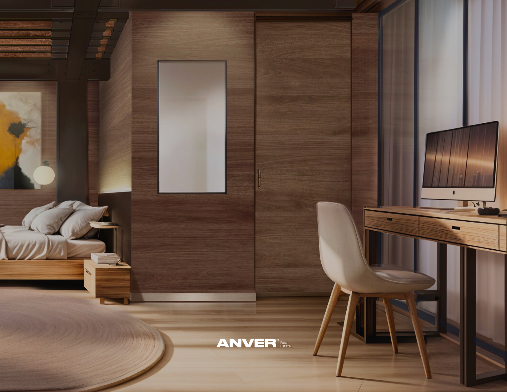 Interior de habitación moderna con cama, mesa auxiliar, pared de madera, ventana y escritorio con monitor y silla.