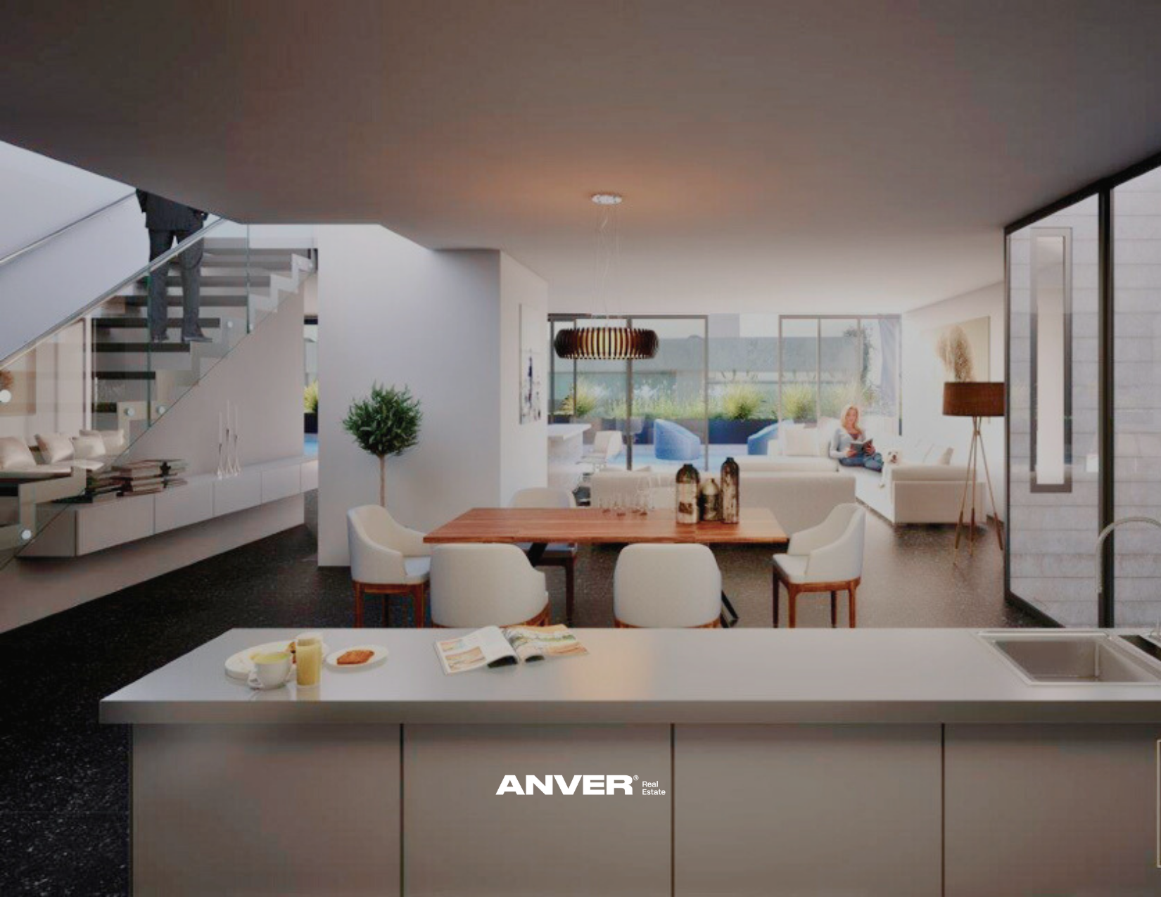 interior de casa moderna con área de comedor y sala, ventanas grandes con vista al jardín, mujer sentada en sofá leyendo, decoración minimalista