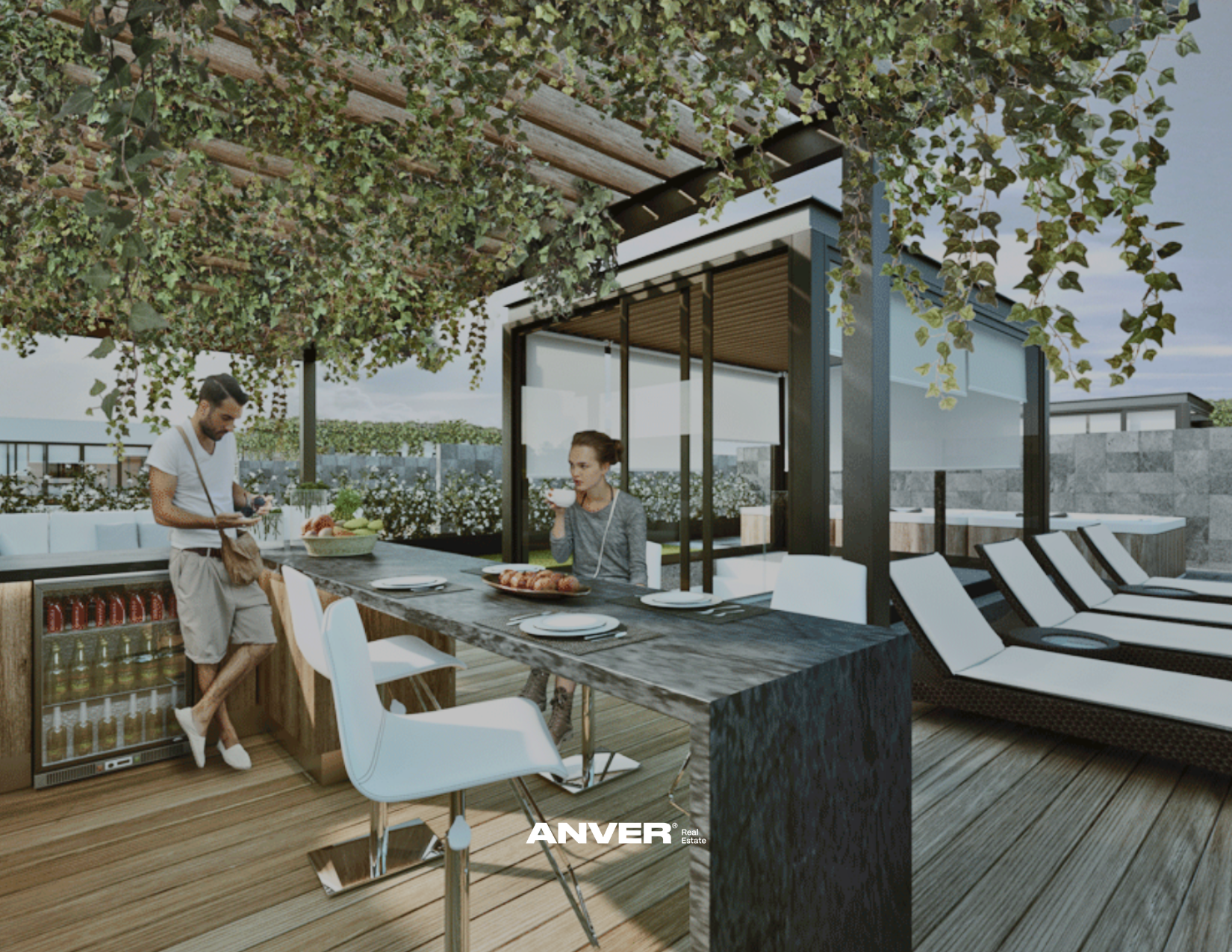 Terraza moderna con mobili de exterior, toldo con plantas colgantes, una mujer bebe de una taza y un hombre revisa su teléfono junto a una mesa con comida. Logo de ANVER en la parte inferior.