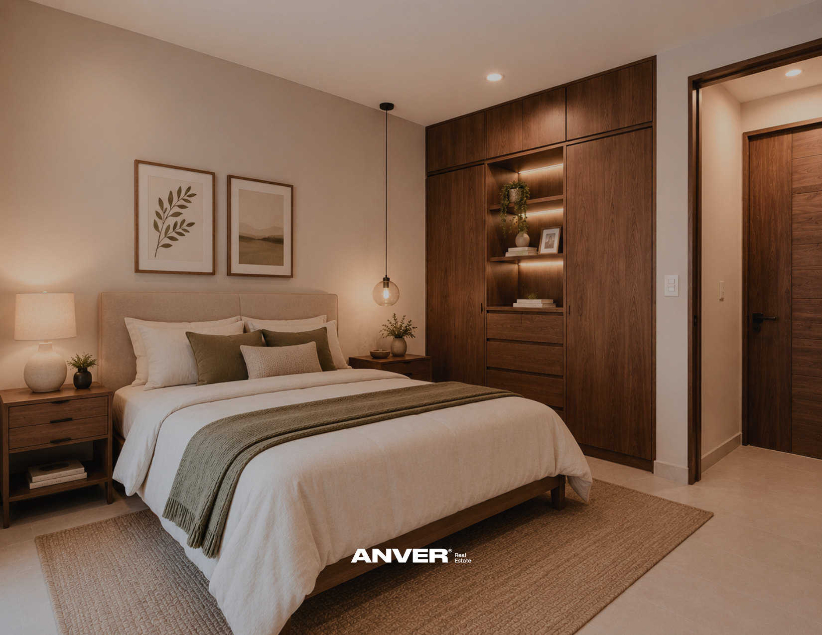 Dormitorio con cama grande, ropa de cama blanca, cojines verdes y beige, lámpara de noche y pared de madera con estantería iluminada, decoraciones y plantas, paredes blancas, puerta de madera, alfombra y iluminación cálida.