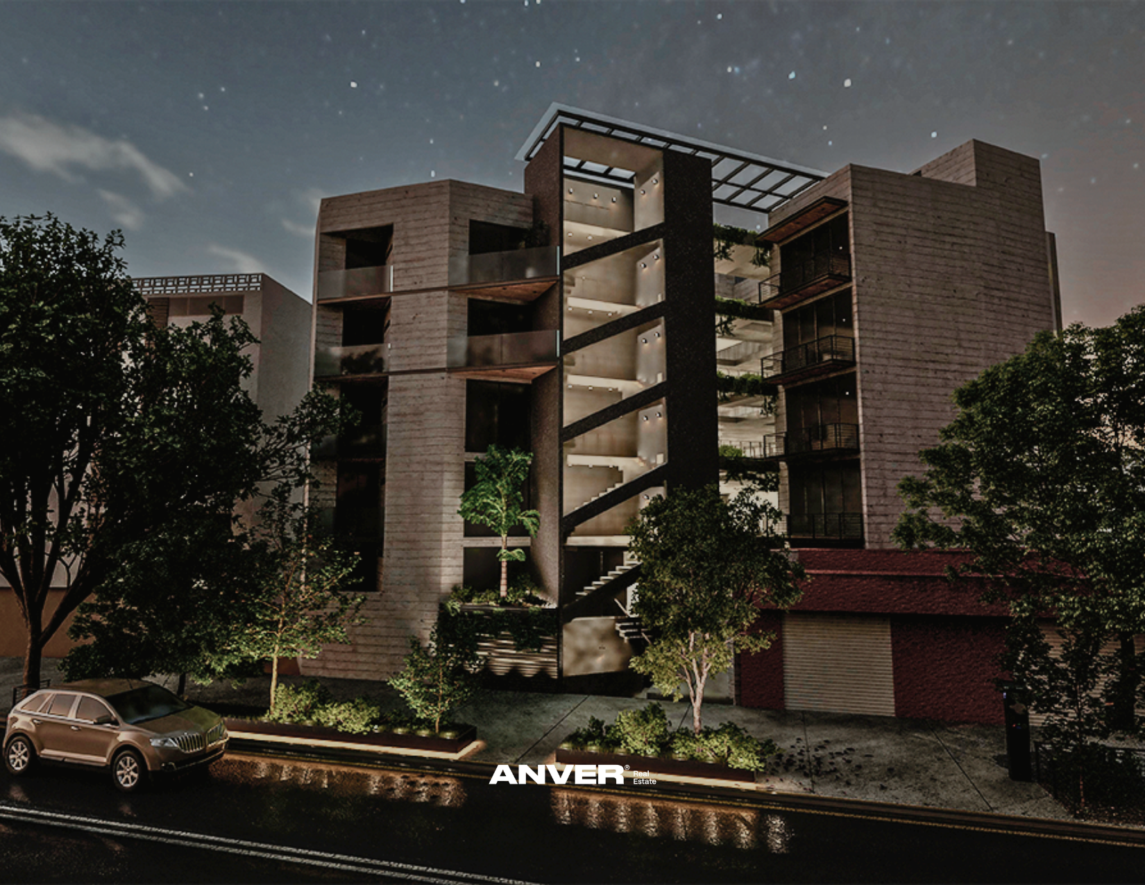 Edificio moderno de varios pisos con escaleras exteriores, rodeado de árboles y automóviles, iluminado en la noche, con cielo estrellado, y logotipo de ANVER en la parte inferior.