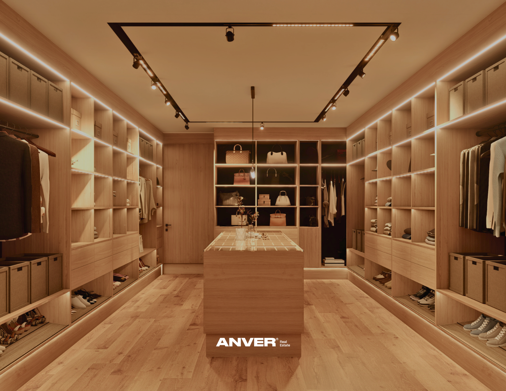 Closet moderno con estanterías de madera, ropa y accesorios en exhibición, luz cálida y ambiente ordenado.