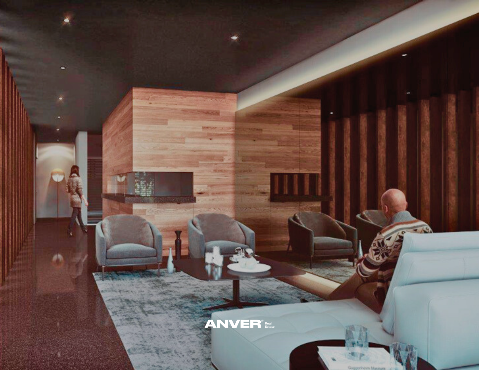 Sala de estar moderna con muebles de color gris y blanco, paredes de madera, lámpara de pie y una persona sentado en un sillón.}