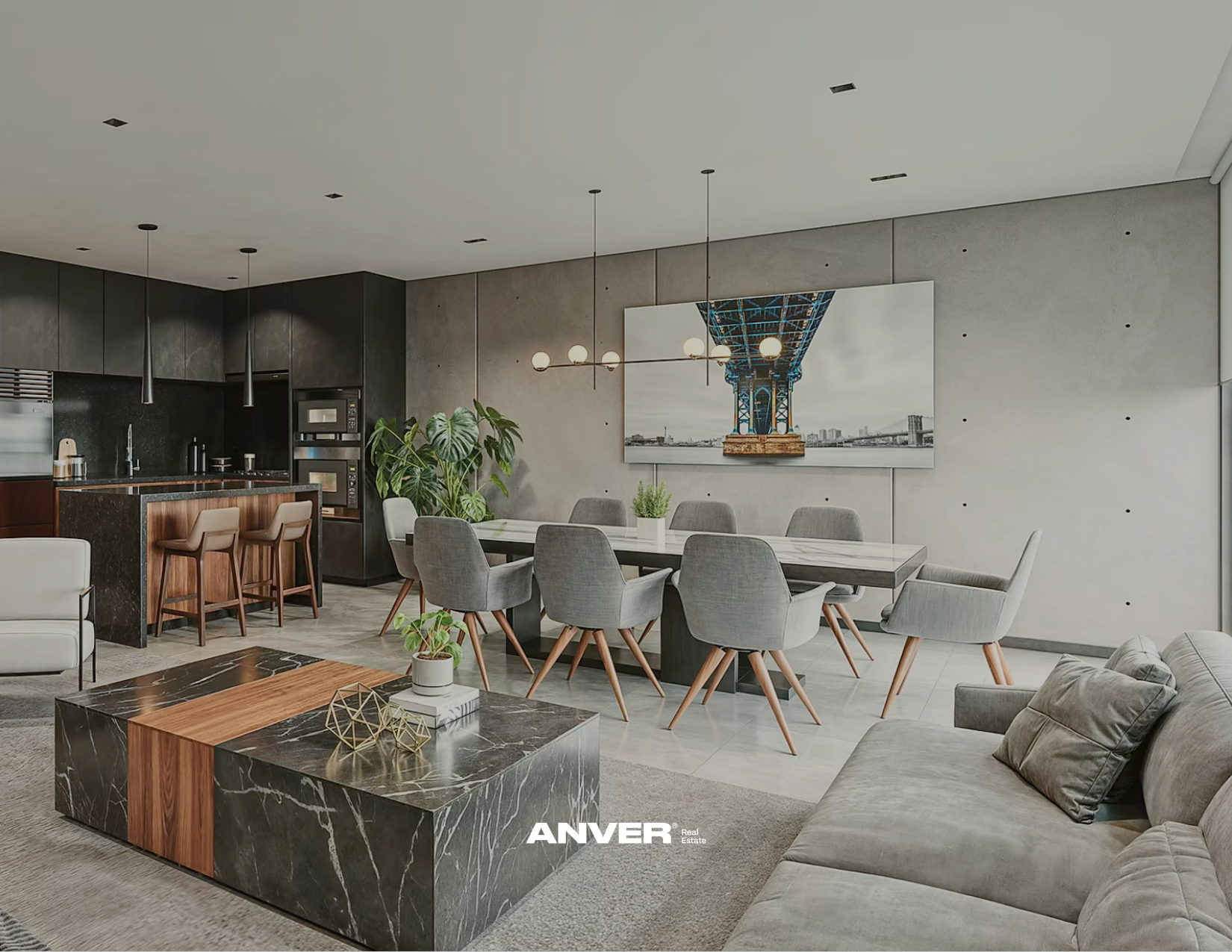Sala de estar moderna con comedor y cocina abierta, muebles en tonos neutros, plantas verdes, una foto del puente en la pared, y detalles decorativos en la mesa.