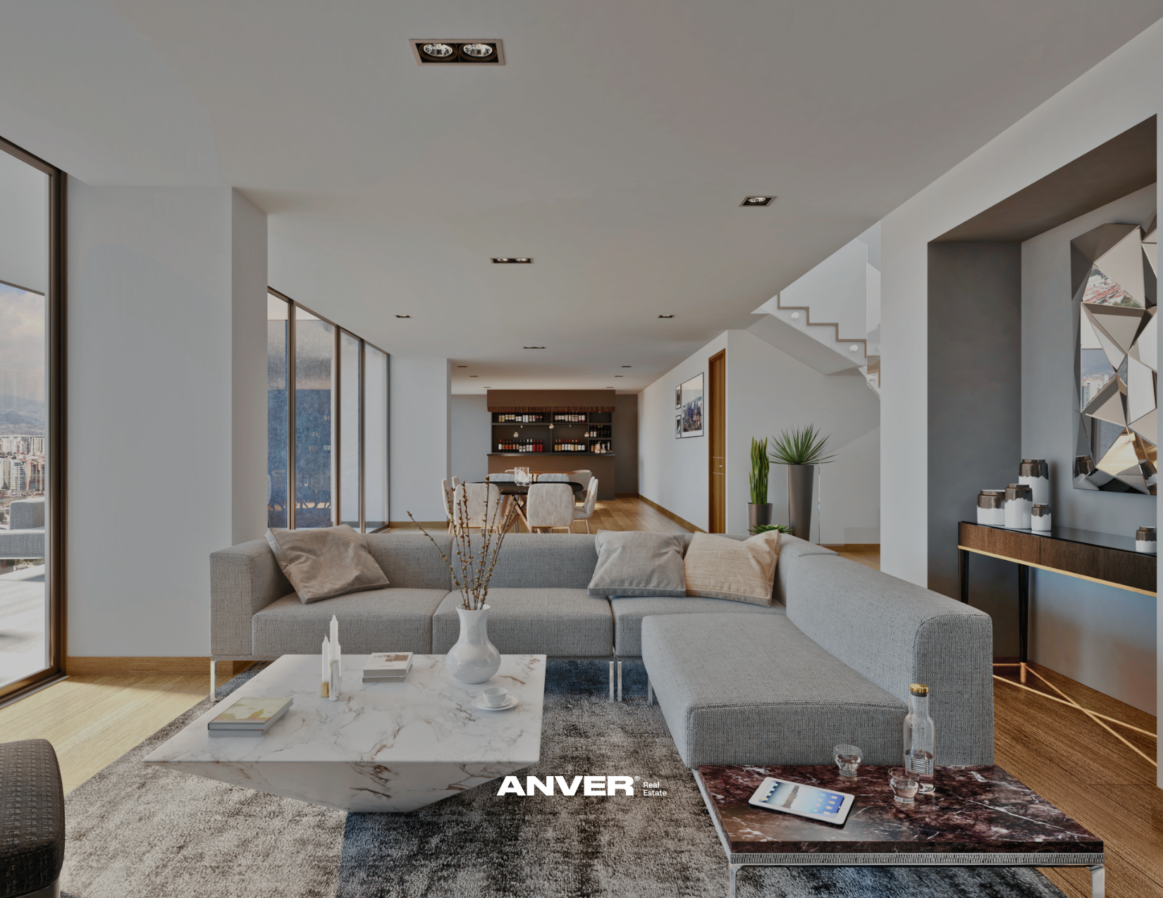 Sala moderna con sillón gris, mesa de mármol, planta y decoración elegante en un apartamento alto con vista a la ciudad
