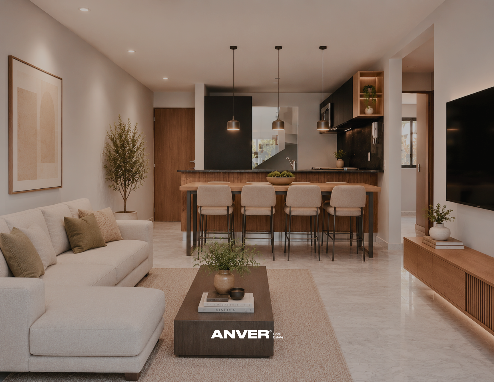 Sala y cocina modernas con muebles de madera, sofá beige con cojines, mesa de centro con libros y decoraciones, paredes blancas, plantas y ventanas que dejan entrar luz natural, iluminación moderna con lámparas colgantes.