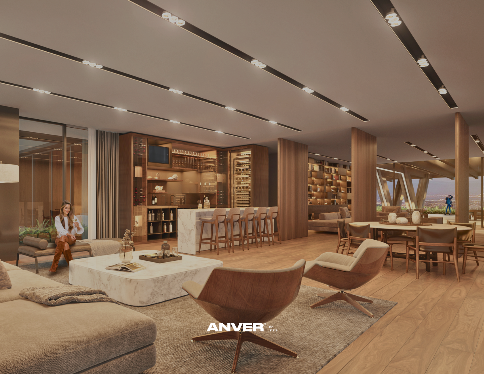 Interiores de un moderno salón de lujo con muebles de madera y sillones cómodos, bar con barra y estanterías. Una mujer sentada en un banco, revisando su teléfono, en un ambiente elegante y bien iluminado con vista a la ciudad desde ventanas amplias.