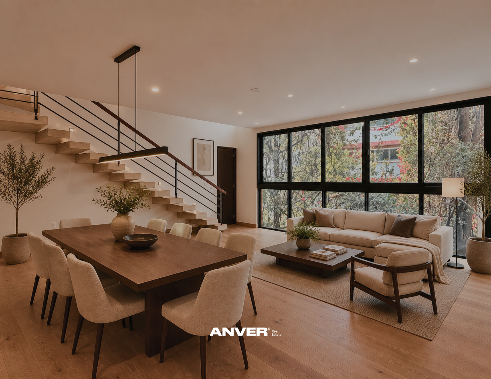 Interior de una sala de estar y comedor con muebles en tonos neutros, plantas, grandes ventanas con vistas a un jardín, y una escalera de madera y metal.