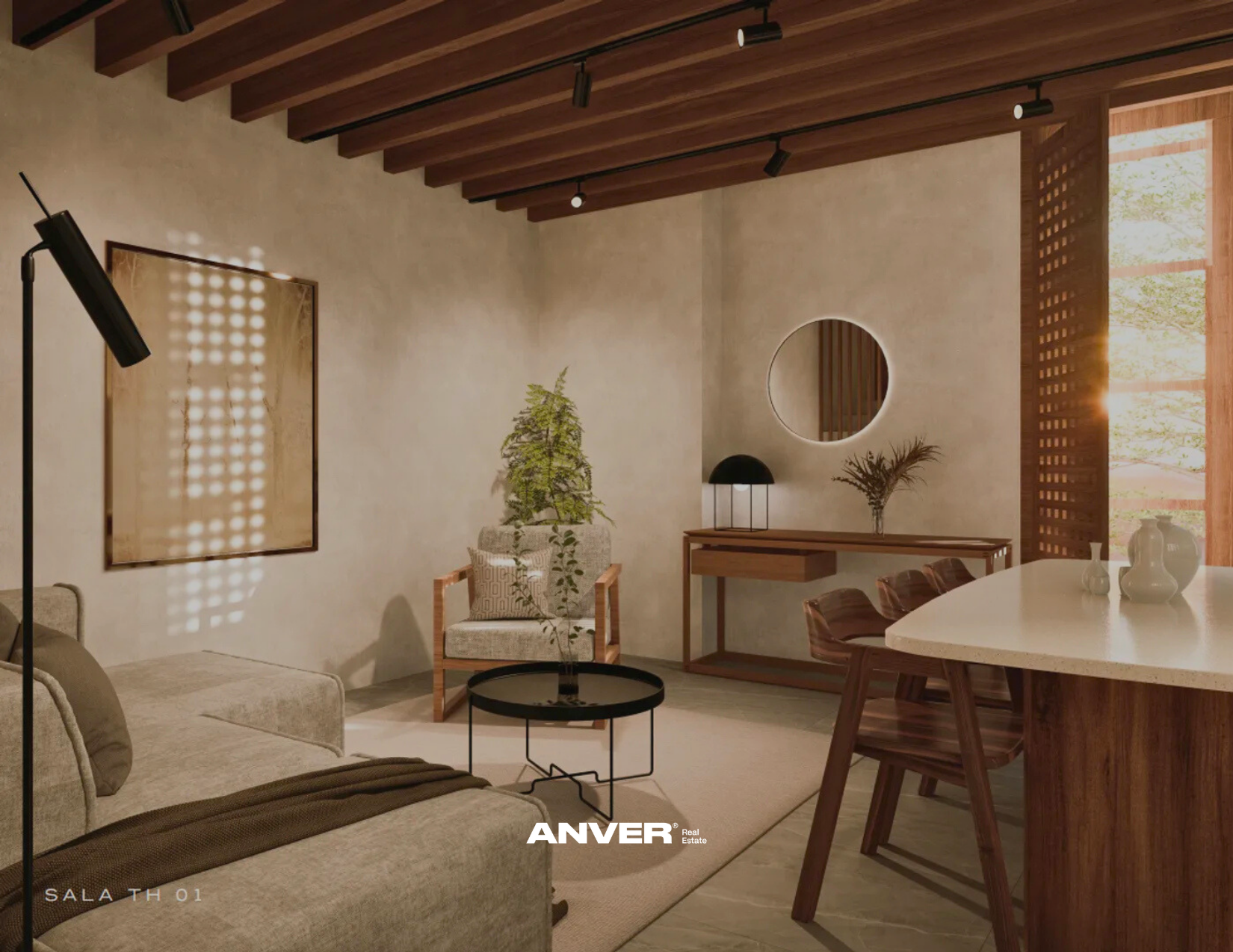 Sala moderna con muebles de madera, una mesa ovalada blanca, sillones beige, plantas y una pared con ventana de madera.