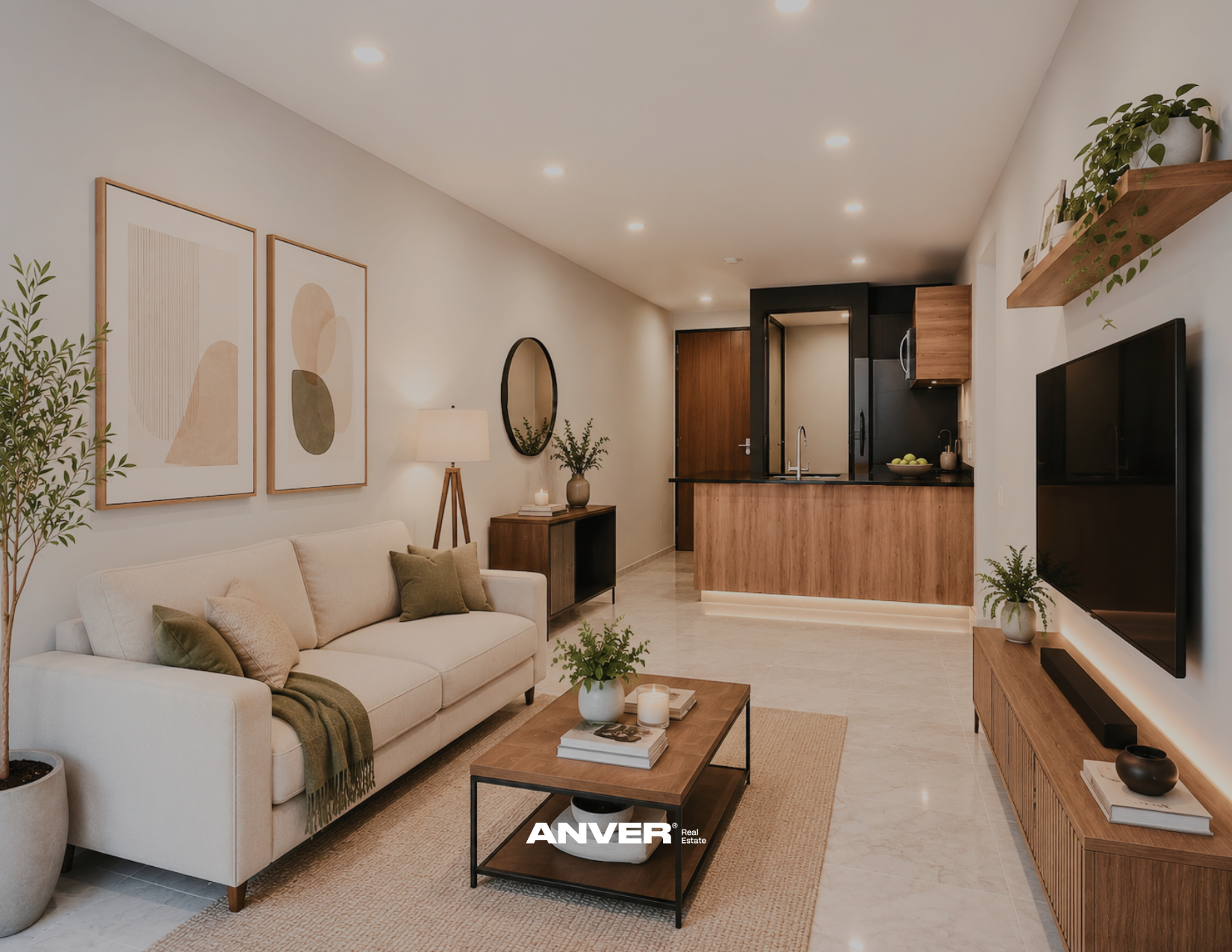 Sala de estar con sofá blanco, mesa de centro de madera, televisión de pantalla plana, decoración con plantas verdes y cuadros abstractos en la pared, vista hacia la cocina con encimera de madera y electrodomésticos modernos.