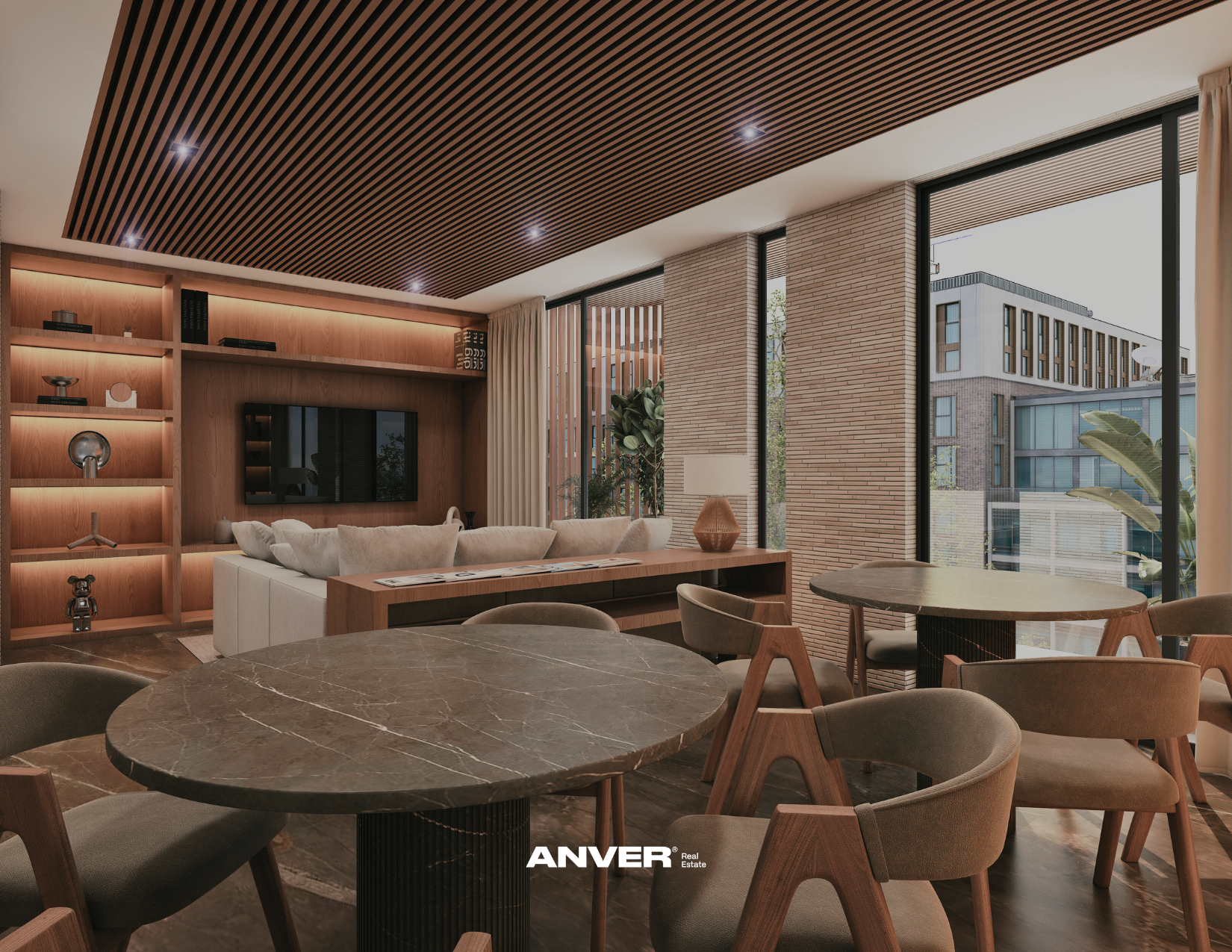 Interiores de una sala de estar moderna con paredes de ladrillo, grandes ventanas, muebles de madera y una mesa de mármol en primer plano
